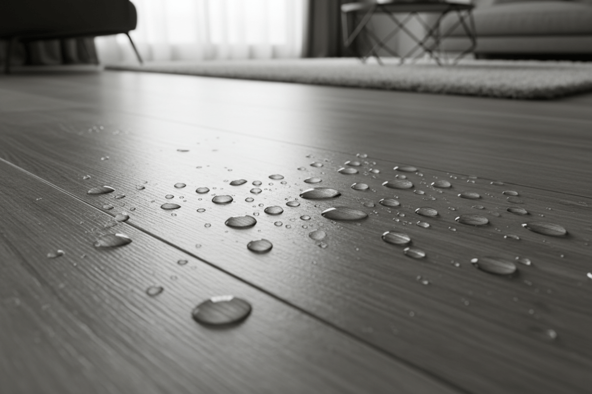 Flooring with water droplets on it