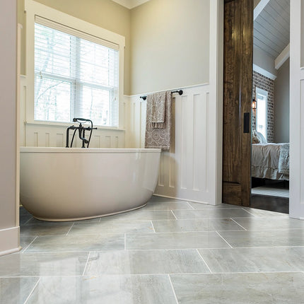 TRACE 12X24 MATTE — Pearl in a room setting