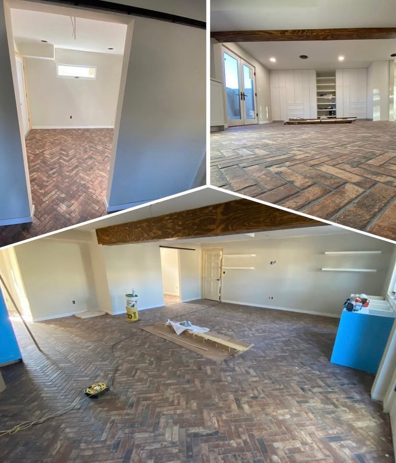 Collage of a room with herringbone wood flooring, before and after renovation.